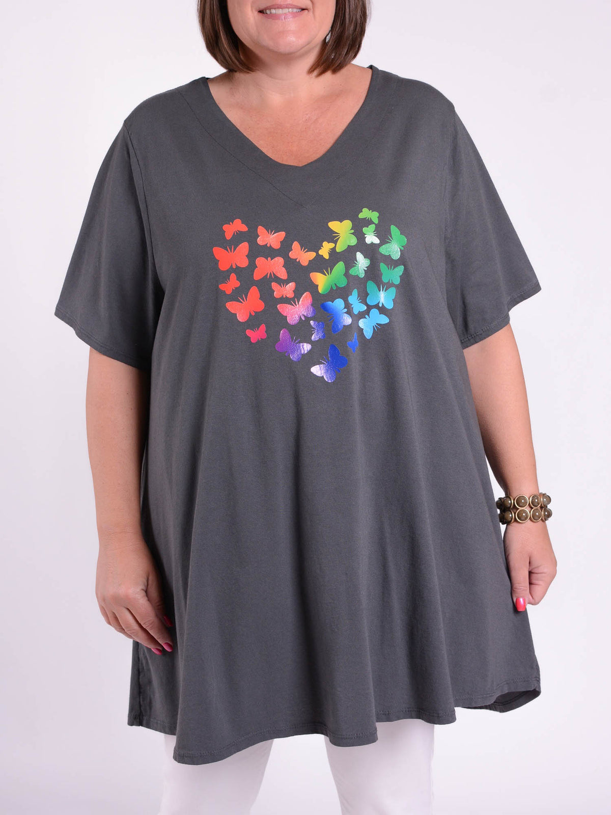 Basic Cotton Swing T Shirt - V Neck 10520 BUTTERFLIES, Tops & Shirts, Pure Plus Clothing, Lagenlook Clothing, Plus Size Fashion, Over 50 Fashion