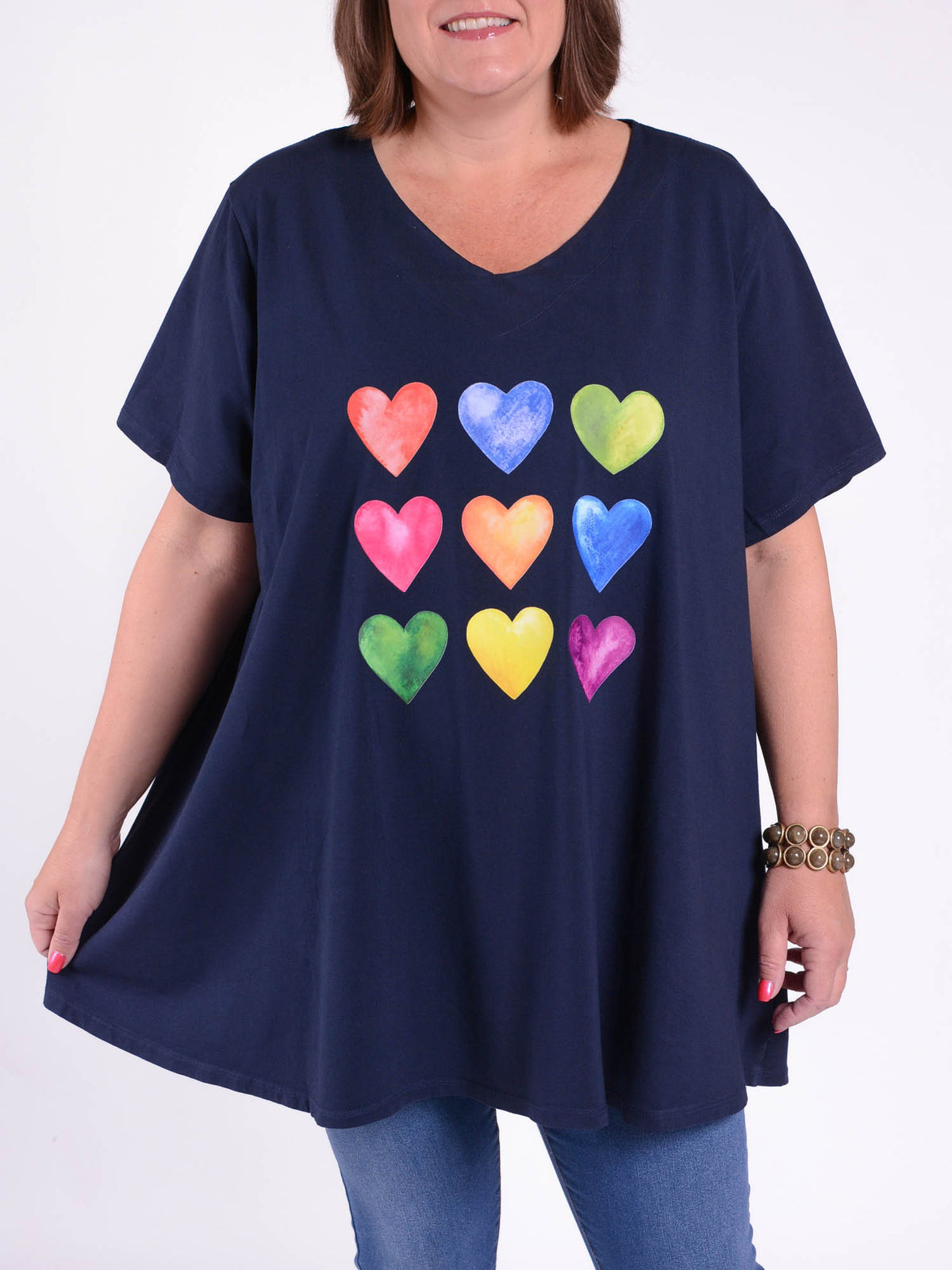 Basic Cotton Swing T Shirt - V Neck 10520 MULTI HEARTS, Tops & Shirts, Pure Plus Clothing, Lagenlook Clothing, Plus Size Fashion, Over 50 Fashion