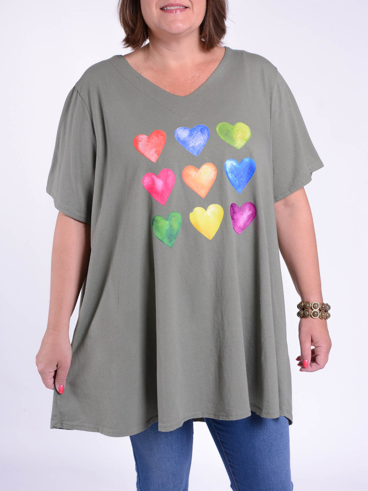 Basic Cotton Swing T Shirt - V Neck 10520 MULTI HEARTS, Tops & Shirts, Pure Plus Clothing, Lagenlook Clothing, Plus Size Fashion, Over 50 Fashion