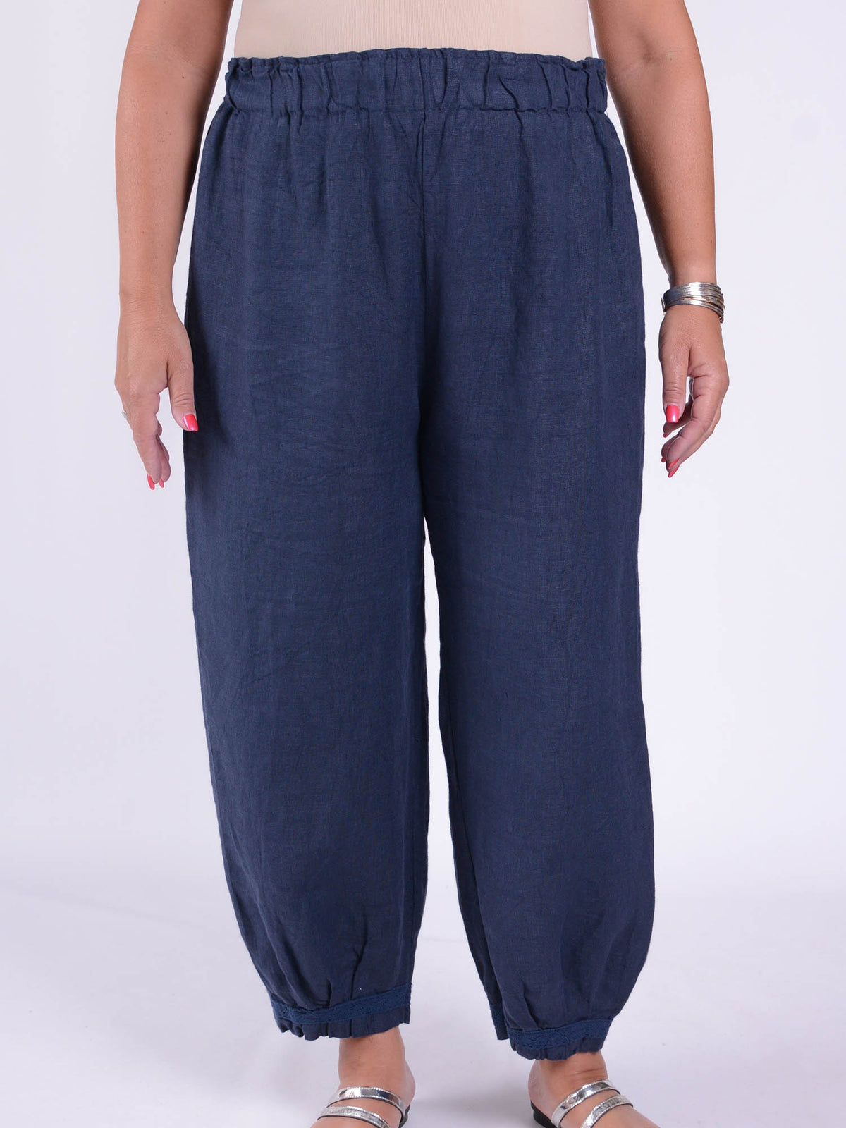 Lace Trim Linen Trousers - 9466, Trousers, Pure Plus Clothing, Lagenlook Clothing, Plus Size Fashion, Over 50 Fashion