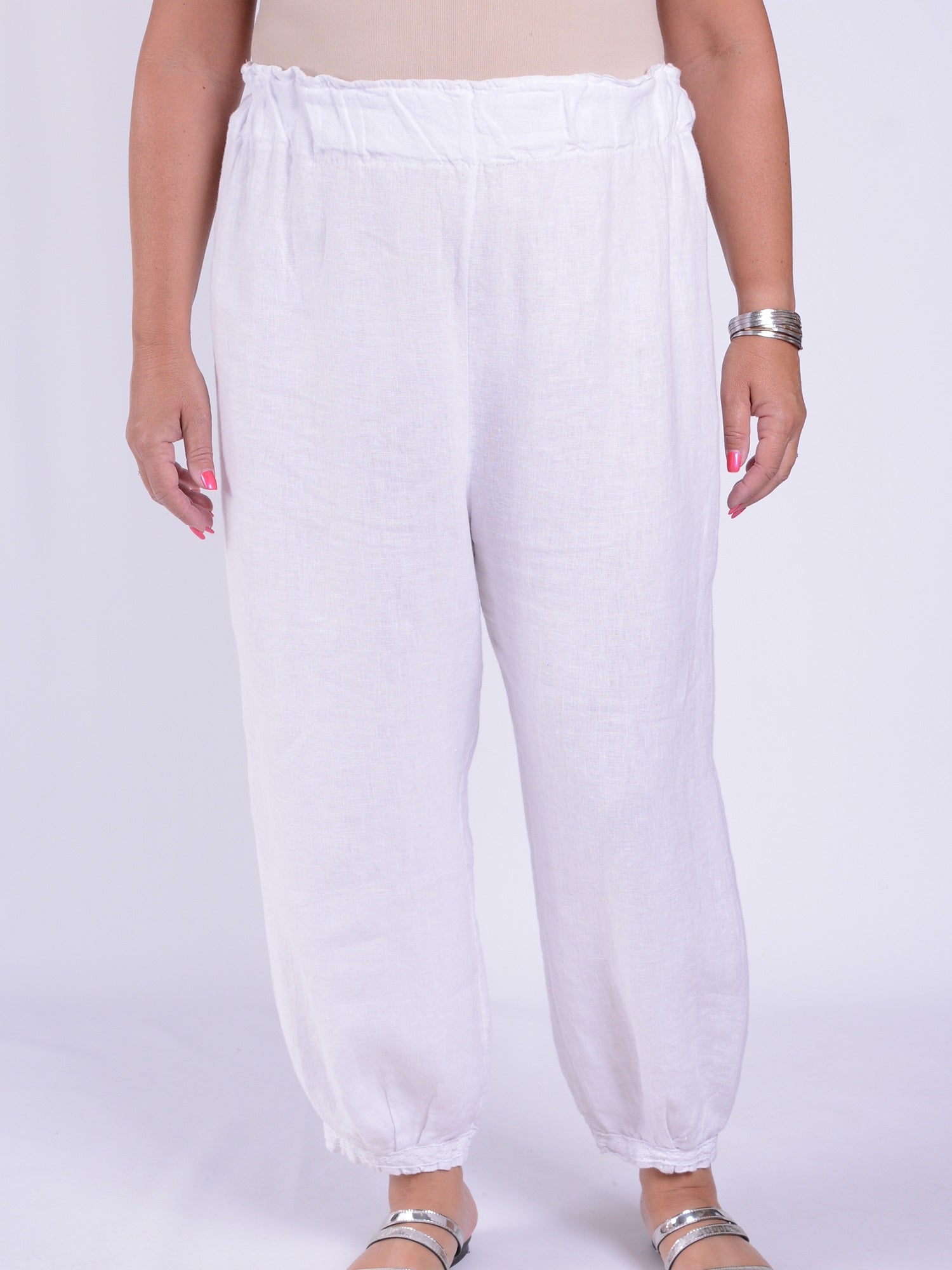 Lace Trim Linen Trousers - 9466, Trousers, Pure Plus Clothing, Lagenlook Clothing, Plus Size Fashion, Over 50 Fashion