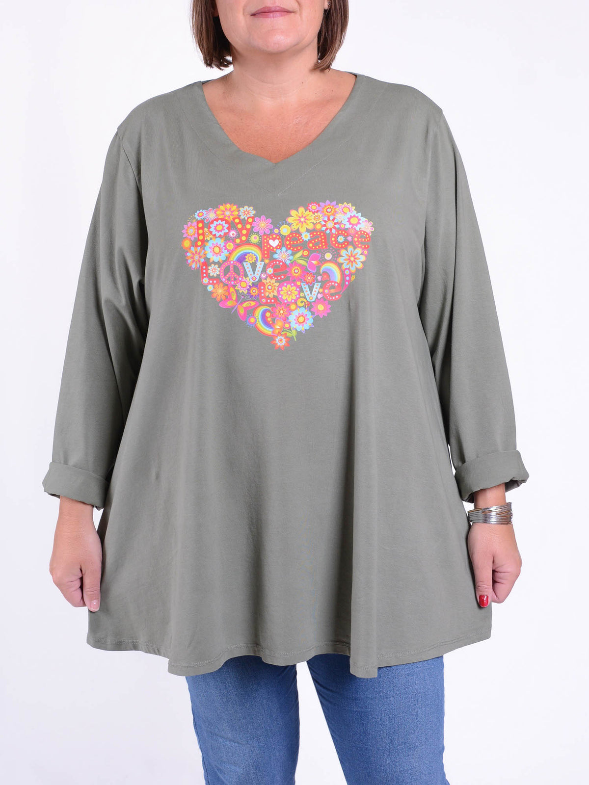 Cotton Swing Top  V Neck PEACE AND LOVE - 20520, Tops & Shirts, Pure Plus Clothing, Lagenlook Clothing, Plus Size Fashion, Over 50 Fashion