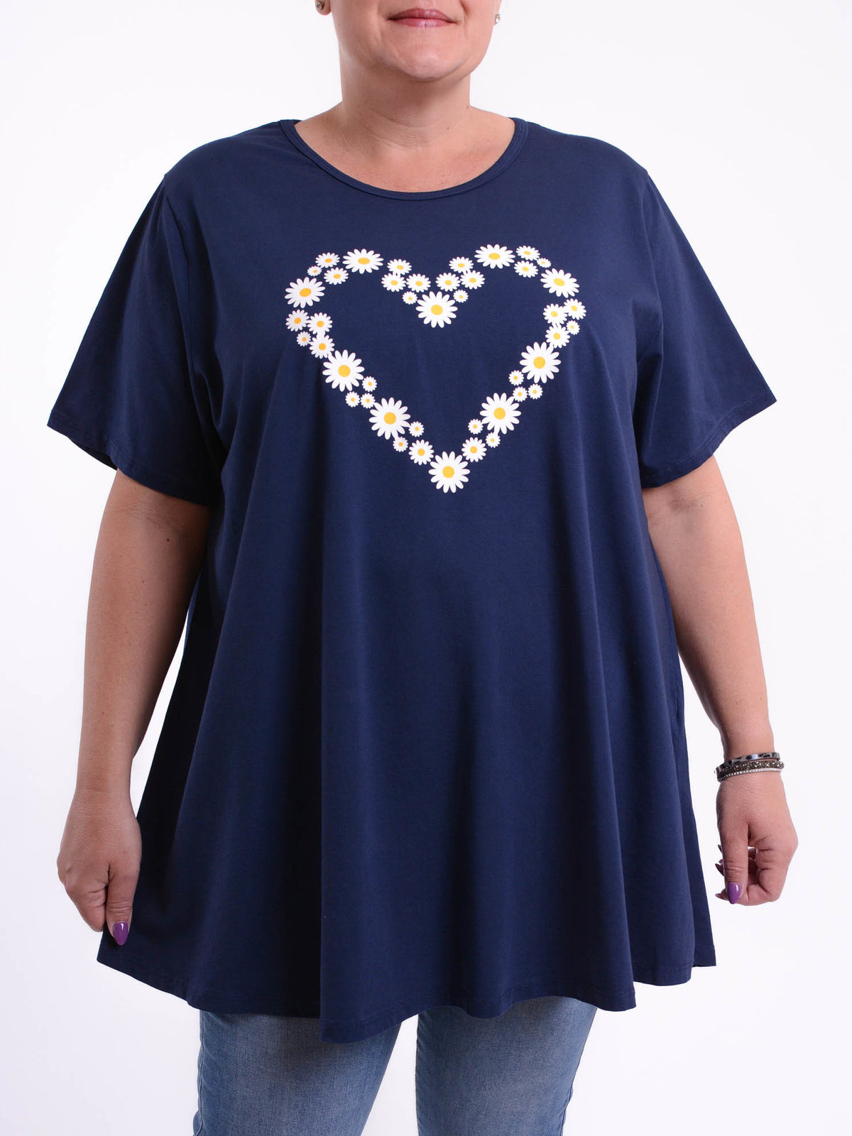 Basic Cotton Swing T Shirt - Round Neck 10516 DAISY HEART, Tops & Shirts, Pure Plus Clothing, Lagenlook Clothing, Plus Size Fashion, Over 50 Fashion